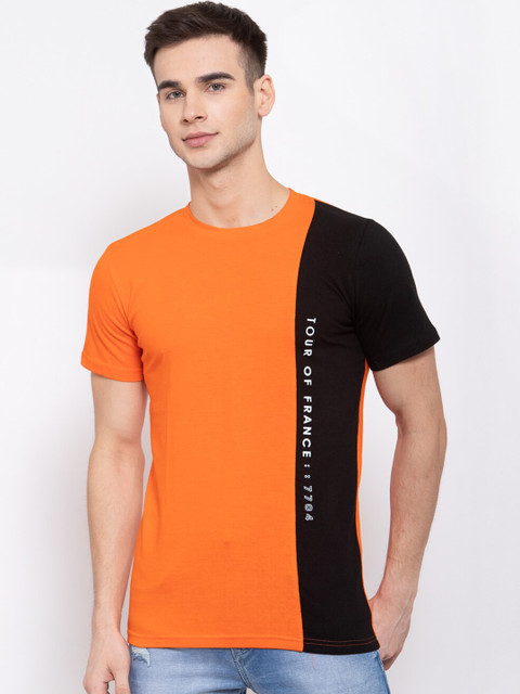 

KAY DEE Men Orange & Black Colourblocked Slim Fit T-shirt
