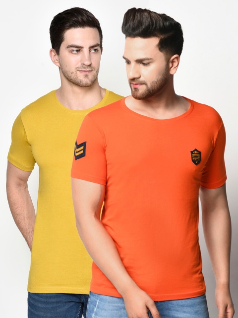 

ELEGANCE Men Mustard Yellow & Orange Set of 2 T-shirt