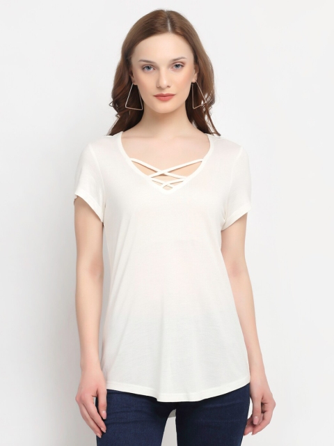 

GRIFFEL Women White V-Neck Extended Sleeves T-shirt