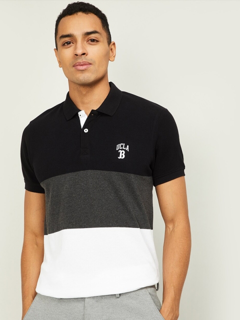 

UCLA Men Black & Grey Colourblocked Polo Collar Slim Fit T-shirt