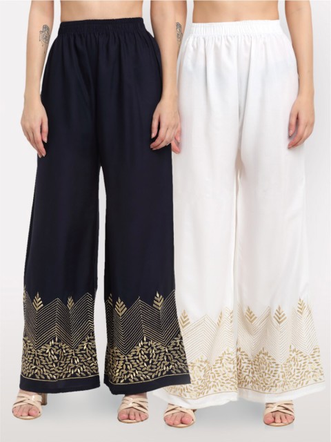 

NEUDIS Women Pack Of 2 Navy Blue & White Floral Hem Design Flared Ethnic Palazzos