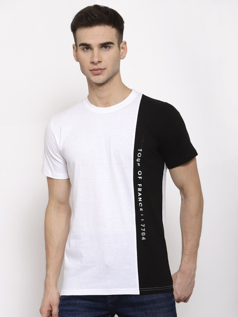 

KAY DEE Men White Black Colourblocked Slim Fit Cotton Pure Cotton T-shirt