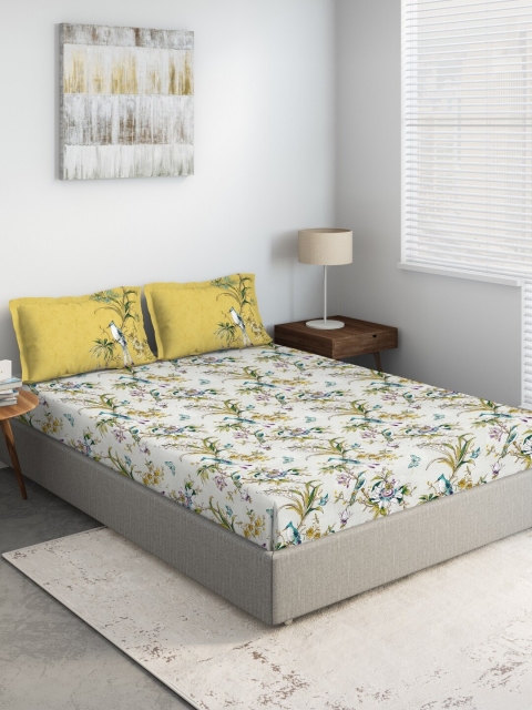 

DDecor Yellow & White Floral 140 TC Queen Bedsheet with 2 Pillow Covers