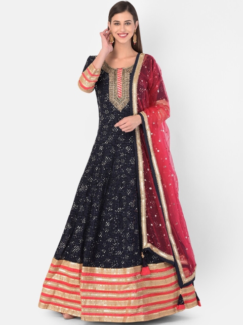 

Neerus Navy Blue & Red Embroidered Georgette Ethnic Maxi Dress
