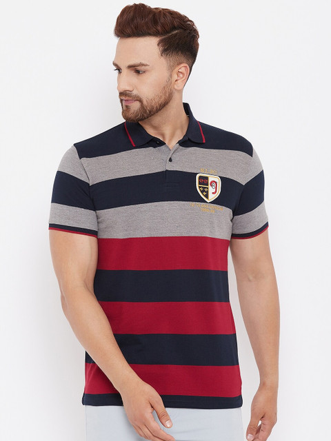 

98 Degree North Men Navy Blue & Grey Striped Polo Collar T-shirt