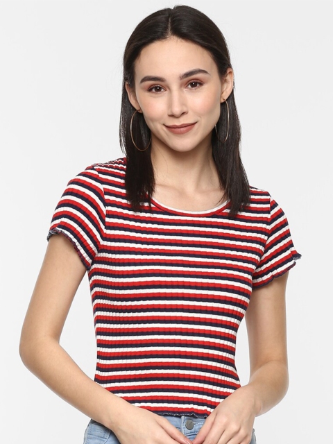 

Porsorte Women Red & Blue Striped Ribbed Fitted Top
