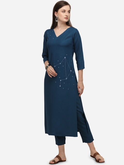 

RAISIN Women Navy Blue Angrakha Kurta with Trousers