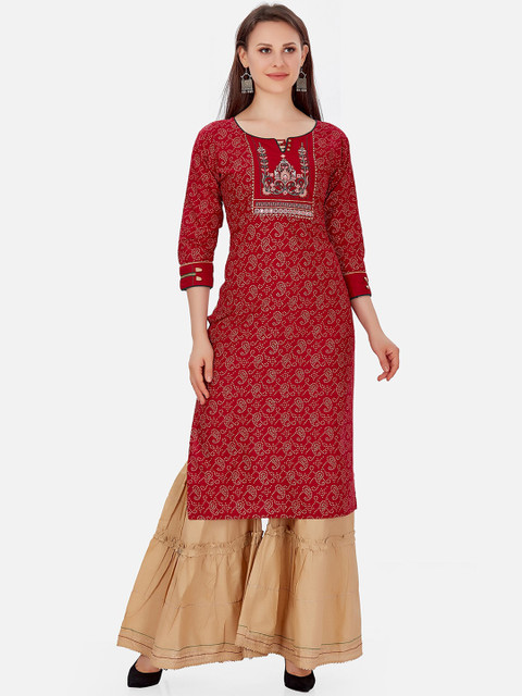 

Kiana Women Maroon Ethnic Motifs Printed Thread Work Kurta with Sharara