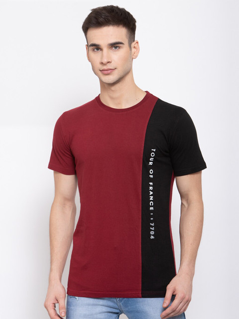 

KAY DEE Men Maroon Black Typography Printed Colourblocked Pure Cotton Slim Fit Pure Cotton T-shirt