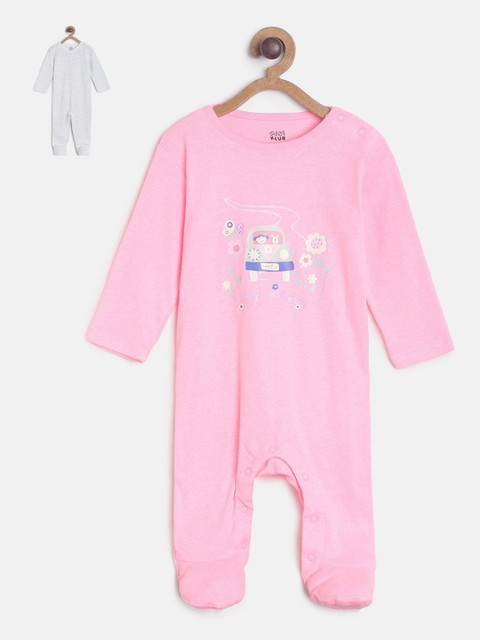 

MINI KLUB Infant Girls Pack Of 2 Pink & Off-White Pure Cotton Sleepsuits