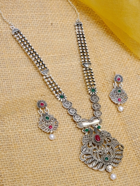 

Crunchy Fashion Oxidized Silver-Plate Stone-Studded Antique Jewellery Set