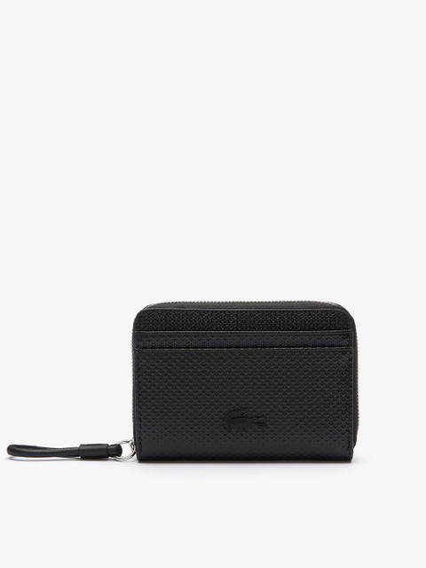 

Lacoste Women Black & Silver-Toned Solid Leather Zip Around Wallet