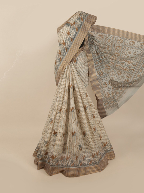 

Pothys Cream & Grey Cotton Blend Floral Saree