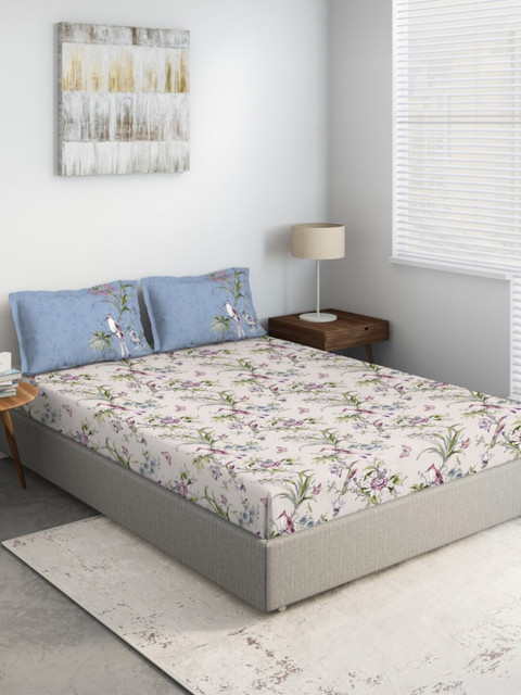 

DDecor Beige & Lavender Floral 140 TC Queen Bedsheet with 2 Pillow Covers
