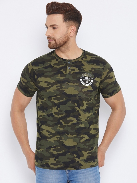 

98 Degree North Men Green Camouflage Printed Henley Neck T-shirt