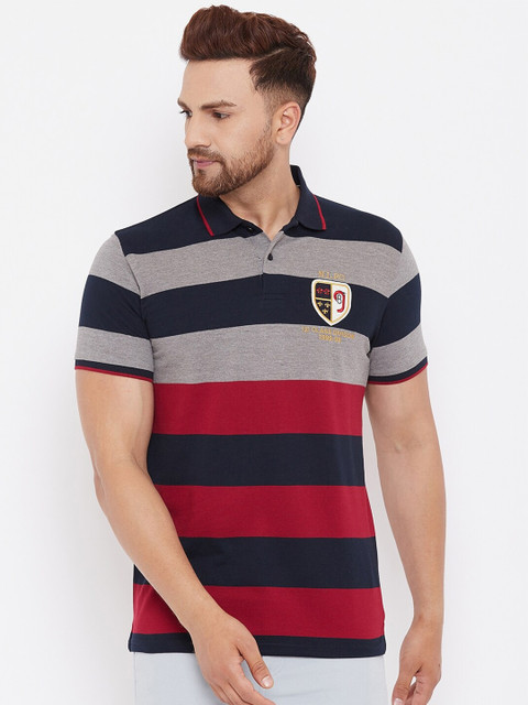 

98 Degree North Men Grey & Navy Blue Striped Polo Collar T-shirt