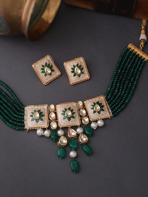

THE AAB STUDIO Gold-Plated Green Kundan-Studded Meenakari Choker Jewellery Set