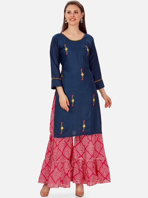 

Kiana Women Blue Ethnic Motifs Embroidered Thread Work Kurta with Sharara