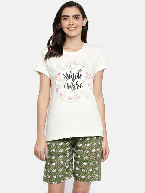

Ellete Women White & Green Printed Night suit