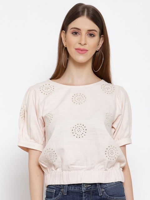 

SCOUP Women Beige Pure Cotton Schiffli Blouson Top