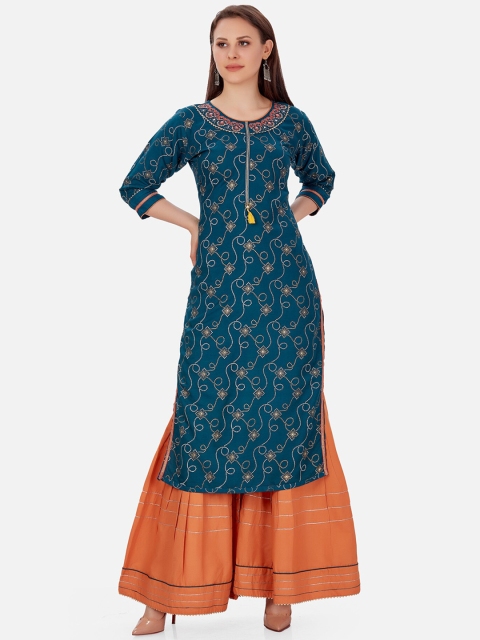 

Kiana Women Teal Ethnic Motifs Printed Kurta with Sharara