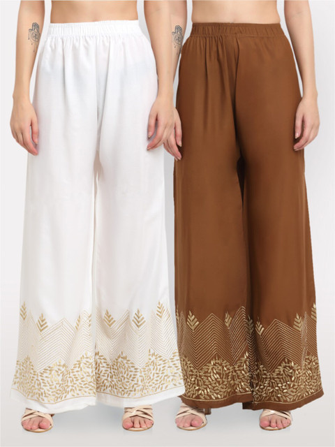 

NEUDIS Women White & Brown Pack of 2 Ethnic Motifs Hem Design Flared Ethnic Palazzos