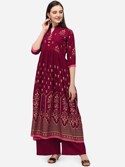 

Florence Women Maroon Ethnic Motifs Printed Anarkali Kurta With Palazzo