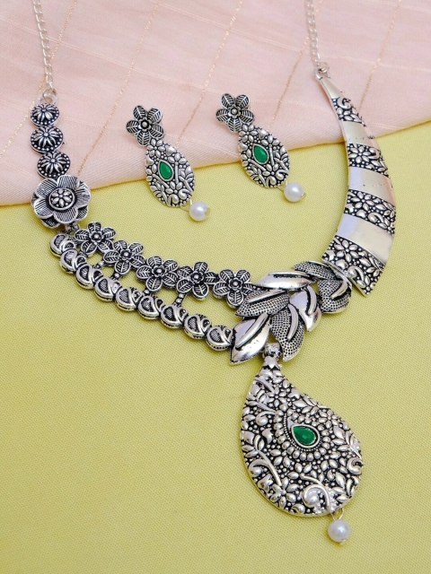 

Crunchy Fashion Silver-Plated Green & White Stone-Studded & Beaded Antique Jewellery Set