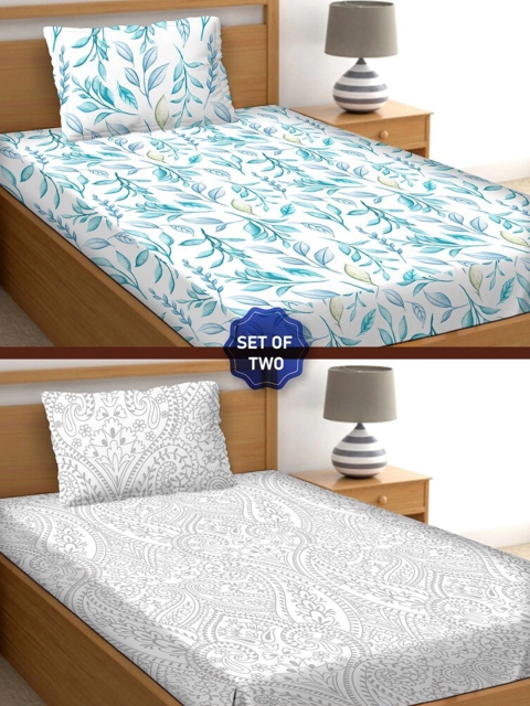 BELLA CASA Floral 250 TC 2 Single Bedsheet with 2 Pillow Covers, White