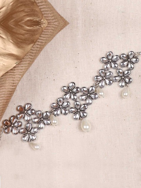 

TEEJH Silver-Plated Brass Oxidised Pearl Choker Necklace