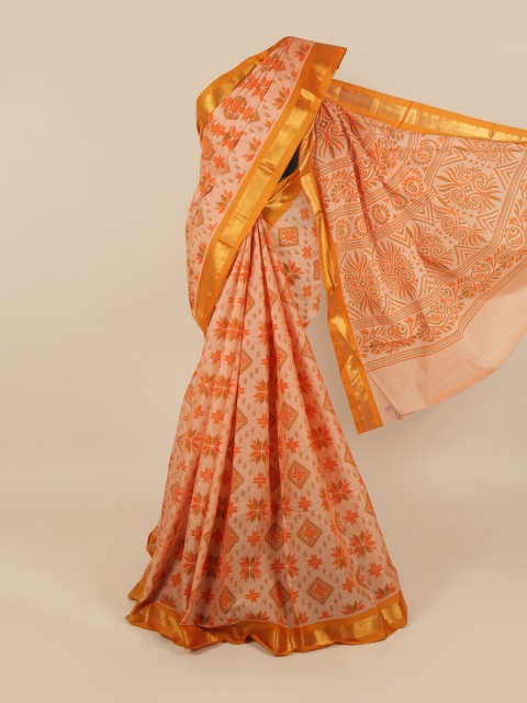 

Pothys Orange & Green Cotton Blend Floral Saree