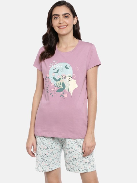 

Ellete Women Pink & Turquoise Blue Printed Pure Cotton Night suit