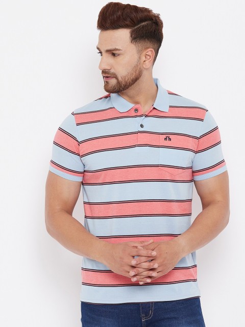 

98 Degree North Men Blue & Coral Red Striped Polo Collar Cotton T-shirt