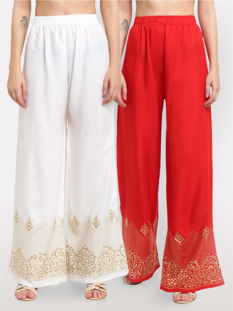 

NEUDIS Women White & Red 2 Ethnic Motifs Embroidered Ethnic Palazzos