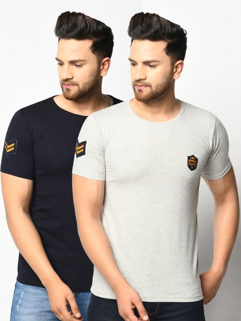 

ELEGANCE Men Grey & Navy Blue Pack of 2 Applique T-shirt