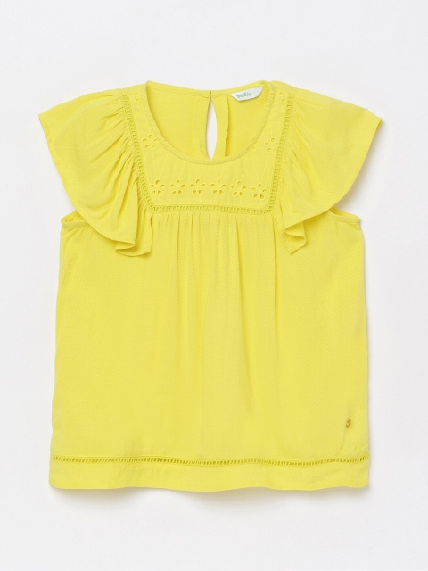 

Bossini Girls Yellow Viscose Rayon Schiffli Yoke Cap Sleeve Blouson Top
