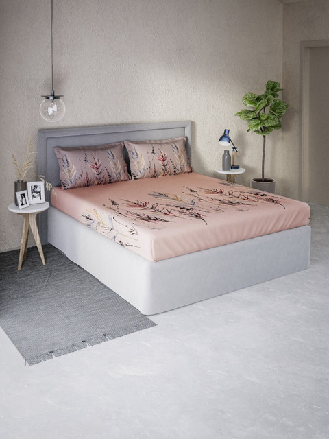

DDecor Peach-Coloured & Red Floral 144 TC Cotton Queen Bedsheet with 2 Pillow Covers