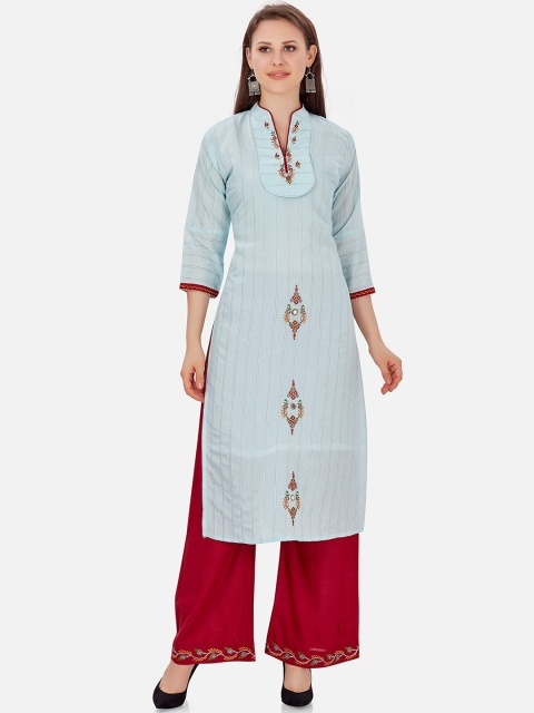 

Kiana Women Blue & Red Chanderi Silk Kurta with Palazzos