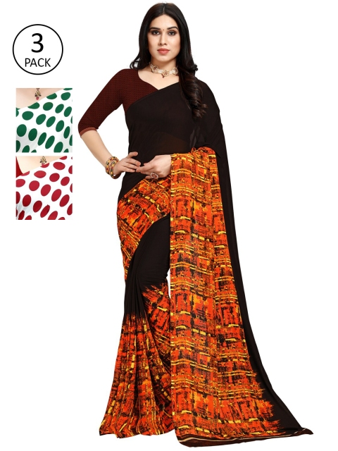 

KALINI Pack Of 3 Poly Georgette Printed Sarees, Red