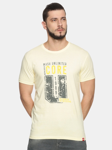 

MASH UNLIMITED Men Cream-Coloured Typography Printed Slim Fit T-shirt