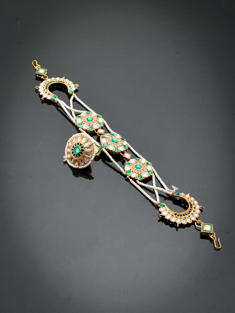 

Silvermerc Designs Gold-Plated Green & White Stone-Studded & Beaded Chandsuraj Mehri Sheeshful Layered Matha Patti