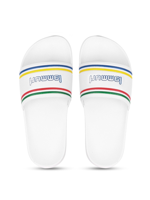 

hummel Unisex White & Yellow Printed Sliders