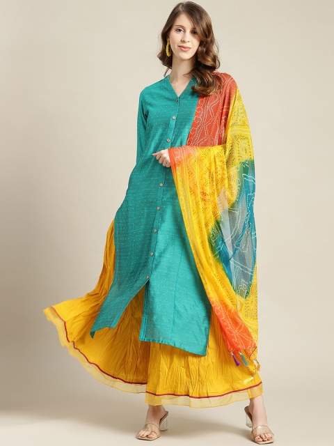 

KSUT Women Turquoise Blue & Mustard Yellow Kurta With Palazzos & Dupatta