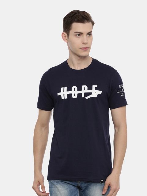 

MASH UNLIMITED Menvy Blue Typography Printed Slim Fit T-shirt, Navy blue