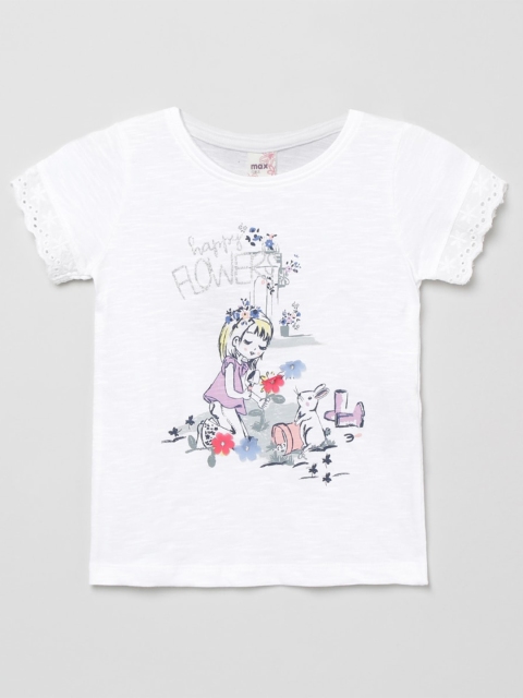 

max Girls Cream Printed Pure Cotton T-shirt