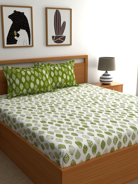 

Dreamscape White & Green Floral 180 TC Cotton King Bedsheet with 2 Pillow Covers