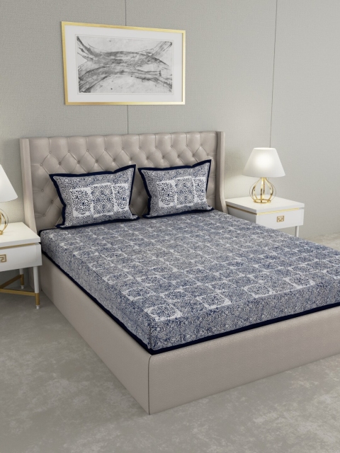 

RANGDESI White & Blue Floral 210 TC King Bedsheet with 2 Pillow Covers