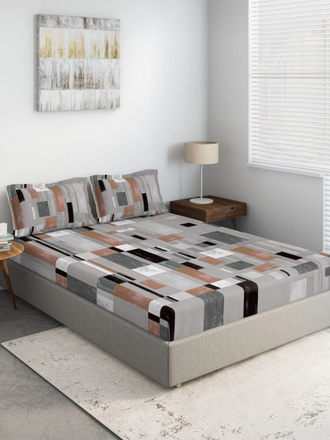 

DDecor Grey & Brown Geometric 140 TC Queen Bedsheet with 2 Pillow Covers