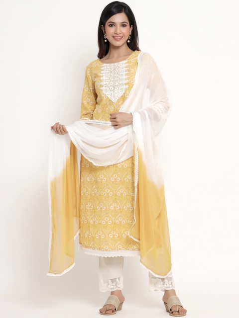 

ANAISA Women Yellow Floral Printed Pure Cotton Kurta with Trousers & With Dupatta