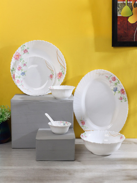 

ceradeco 33 Pcs White & Blue Pieces Printed Glass Glossy Dinner Set